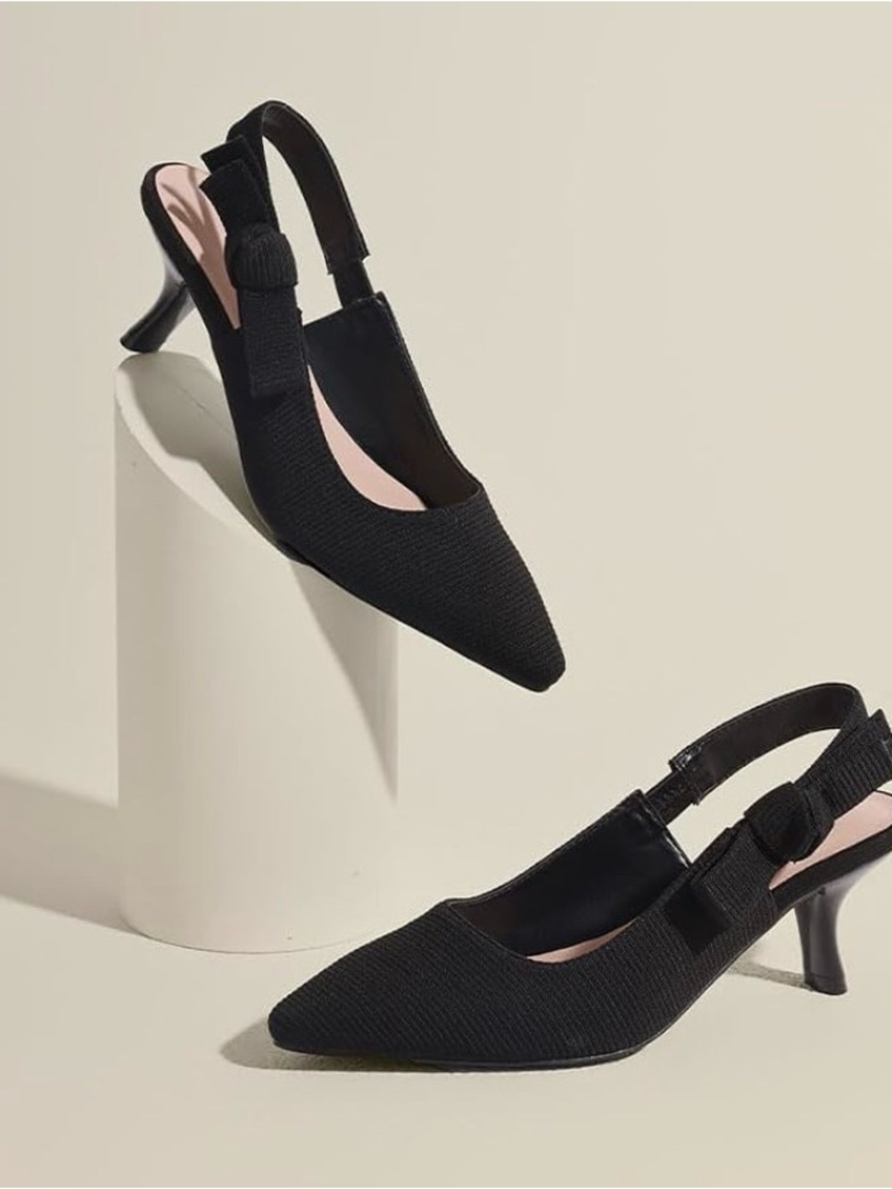 Black Slingback Pointed-Toe Kitten Heel Pumps